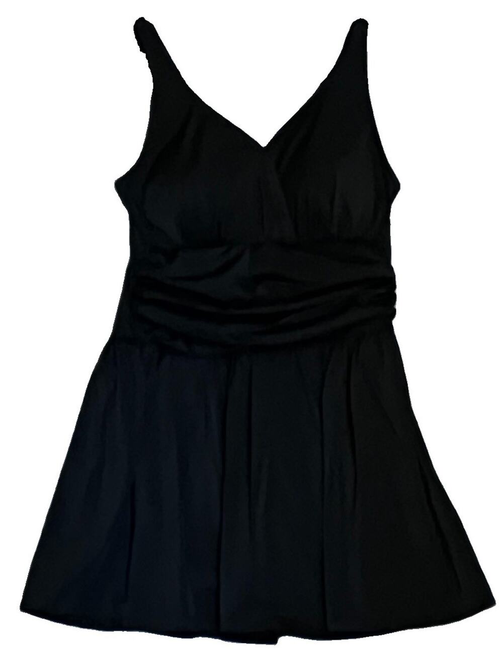Denim & Co Beach Black Flounce Skirt Slimming One Piece Swimdress Swimsuit Sz 14